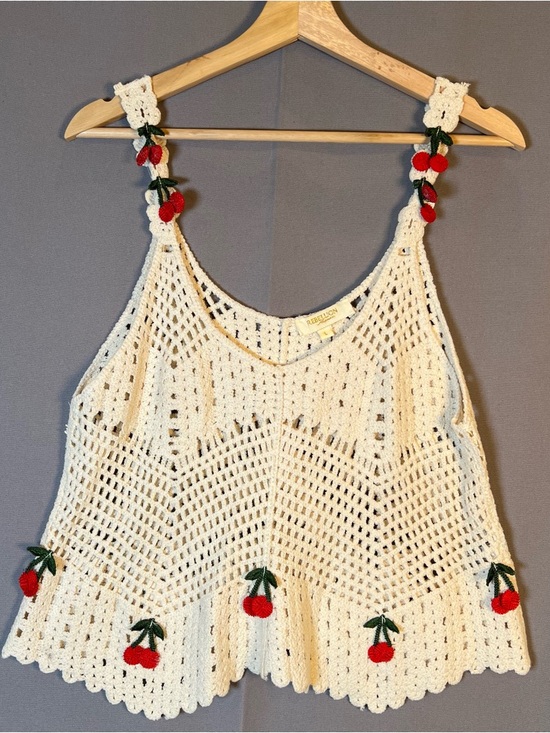 Rebellion Tops - Rebellion Cream Crochet Top with Open Knit & Red Cherries Boho Cottage Country